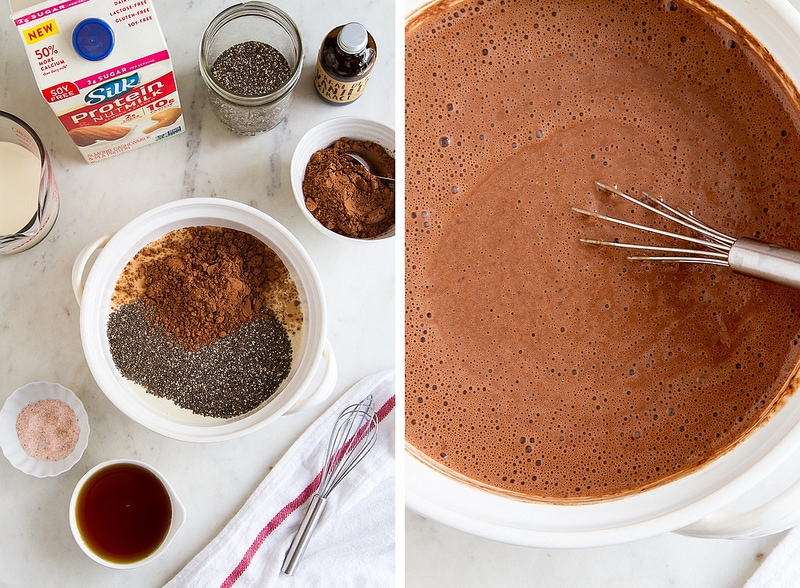 side by side photos showing the process of making chocolate chia pudding.