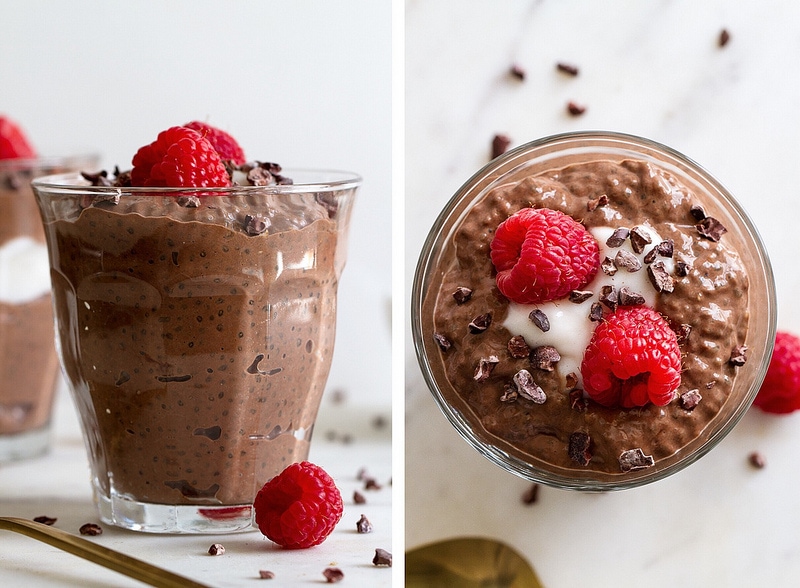 side by side photos of chocolate chia pudding in clear glasses.