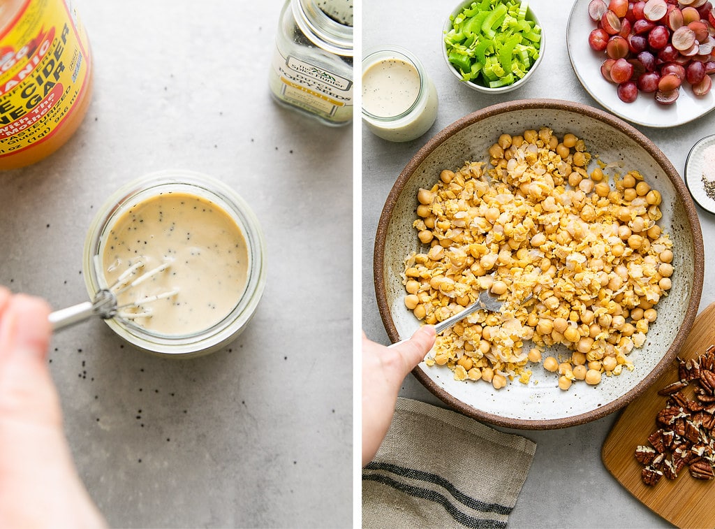 side by side photos of making poppy seed dressing and mashing chickpeas in a bowl.