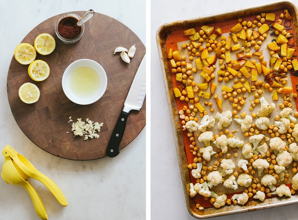 side by side photos showing the process of making roasted cauliflower, golden beet and chickpea salad.