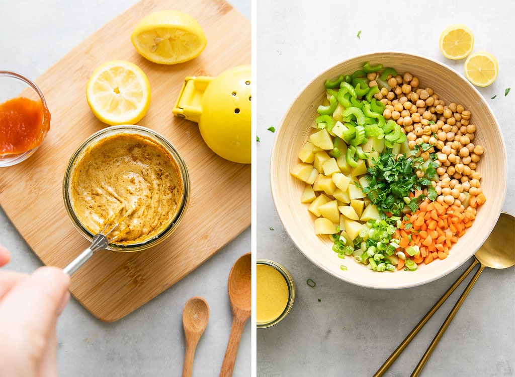 side by side photos showing the process of making curried potato salad.