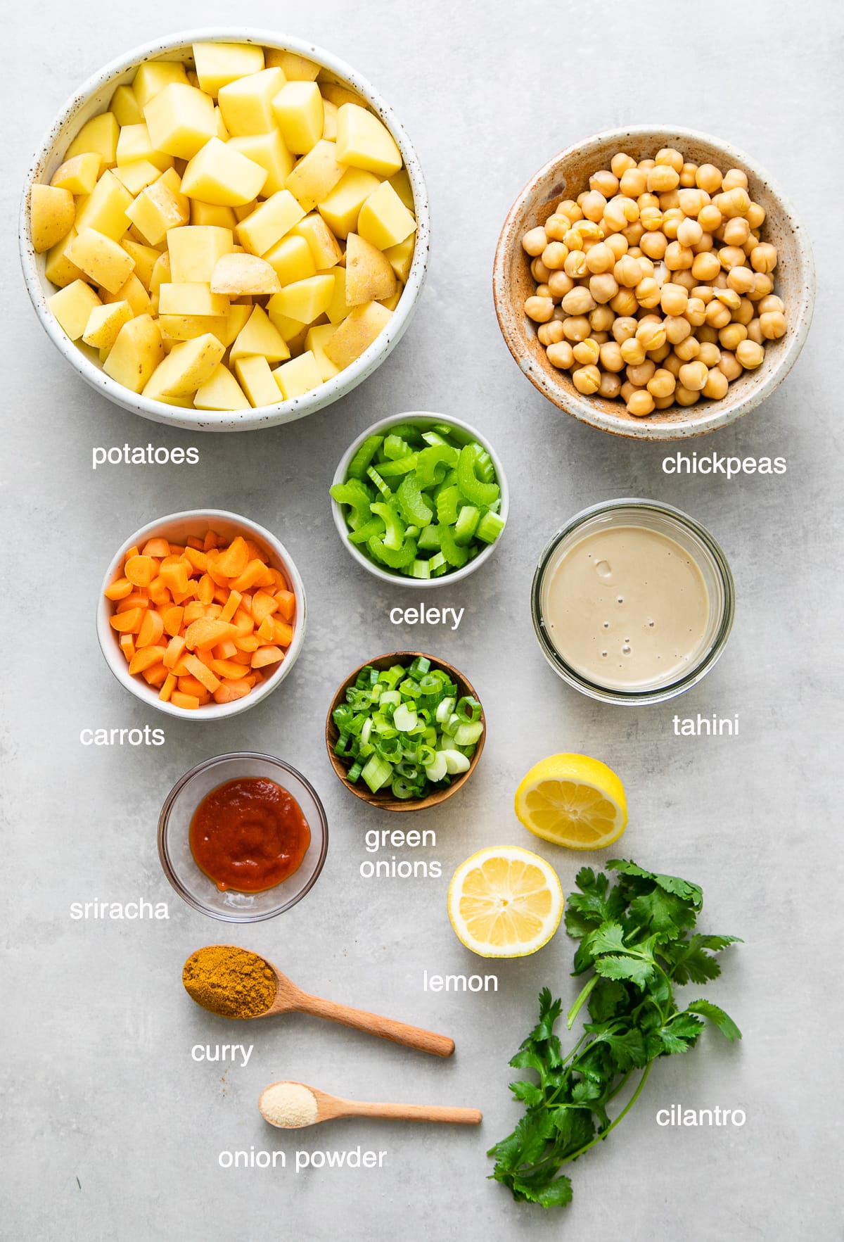 top down view of ingredients used to make curried potato salad recipe.