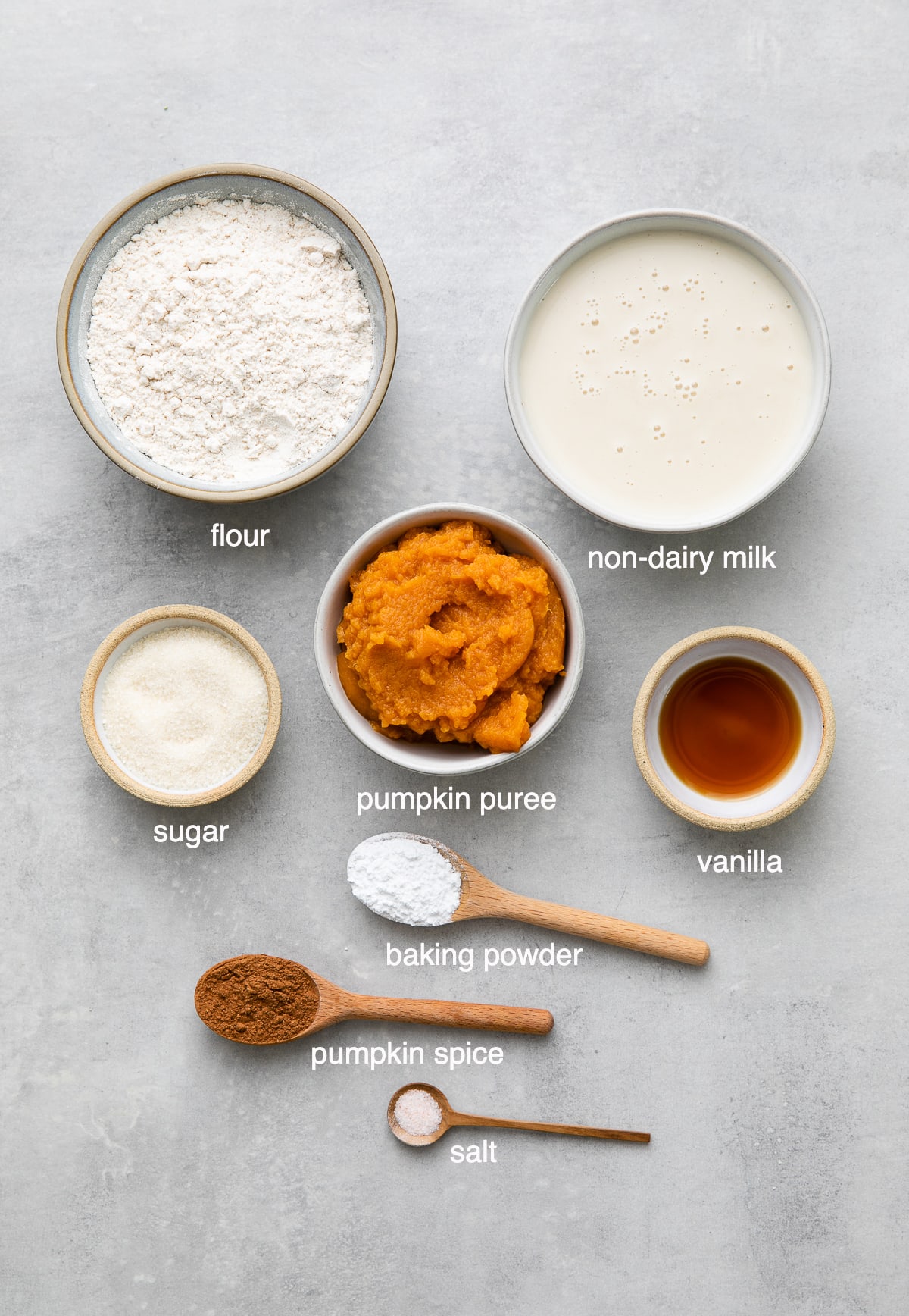 top down view of ingredients used to make healthy vegan pumpkin pancakes recipe.