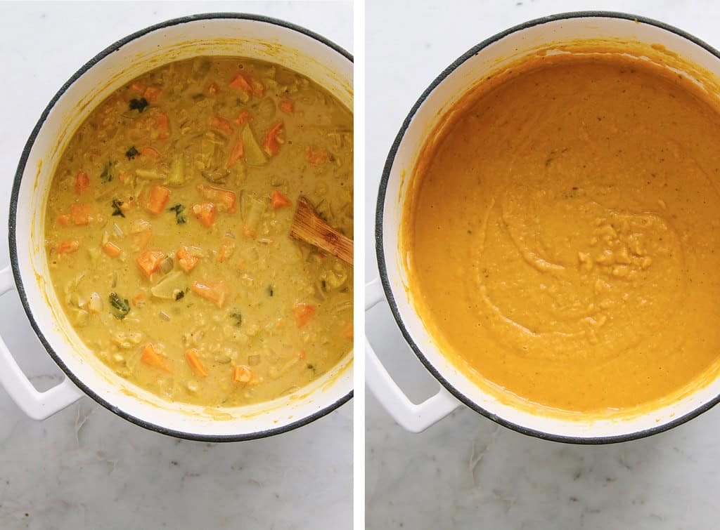 side by side photos of pot of curry sweet potato soup showing before and after being purreed.