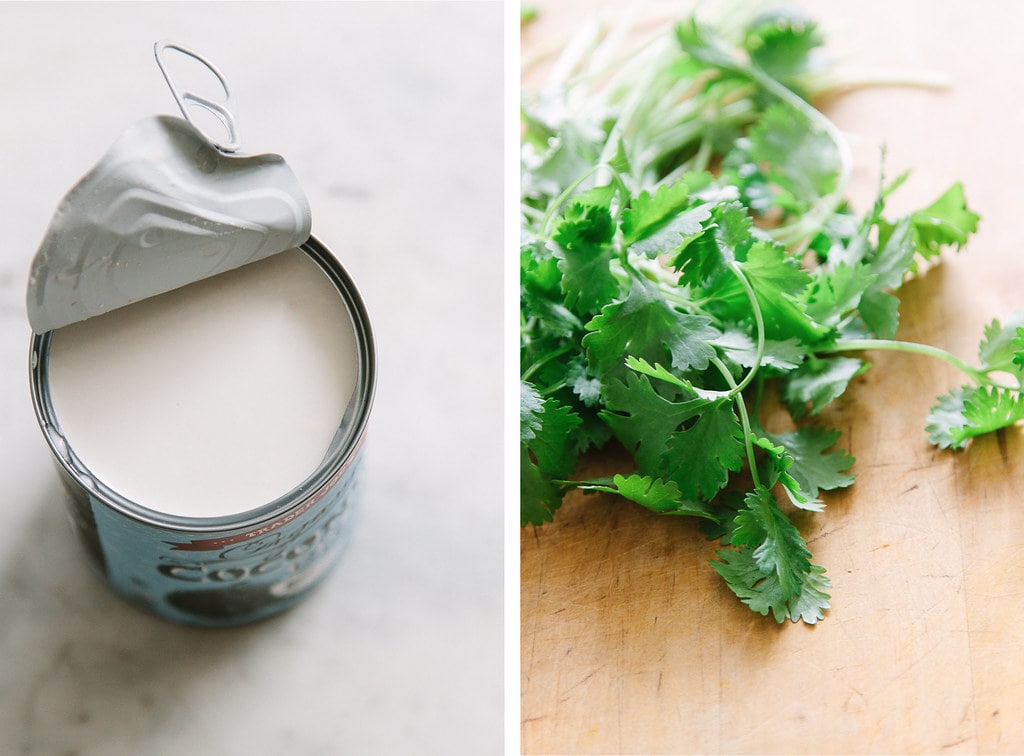side by side photos of opened can of coconut milk and fresh cilantro.