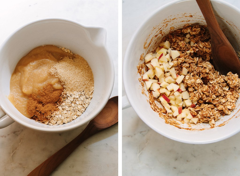 side by side photos showing the process of making apple oatmeal breakfast cookie dough.
