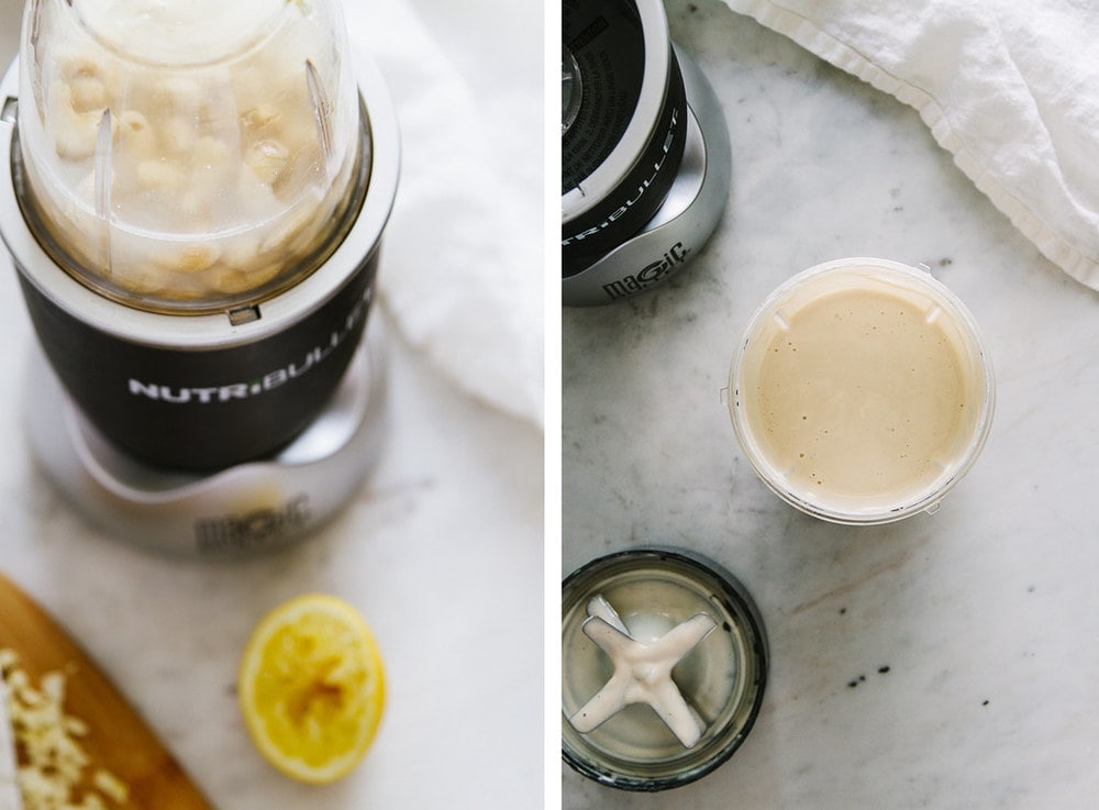 side by side photo of cashews in a small personal blender with water garlic and salt and lemon, next is a pic of the finished aioli