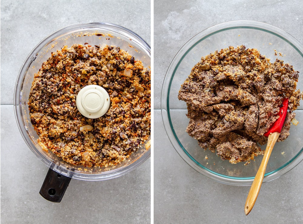 side by side photos of the process of making black bean burger mix.