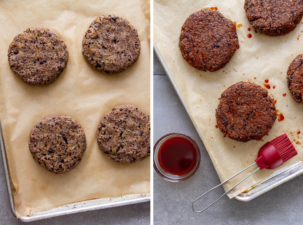 side by side photos of the process of making black bean burger patties.