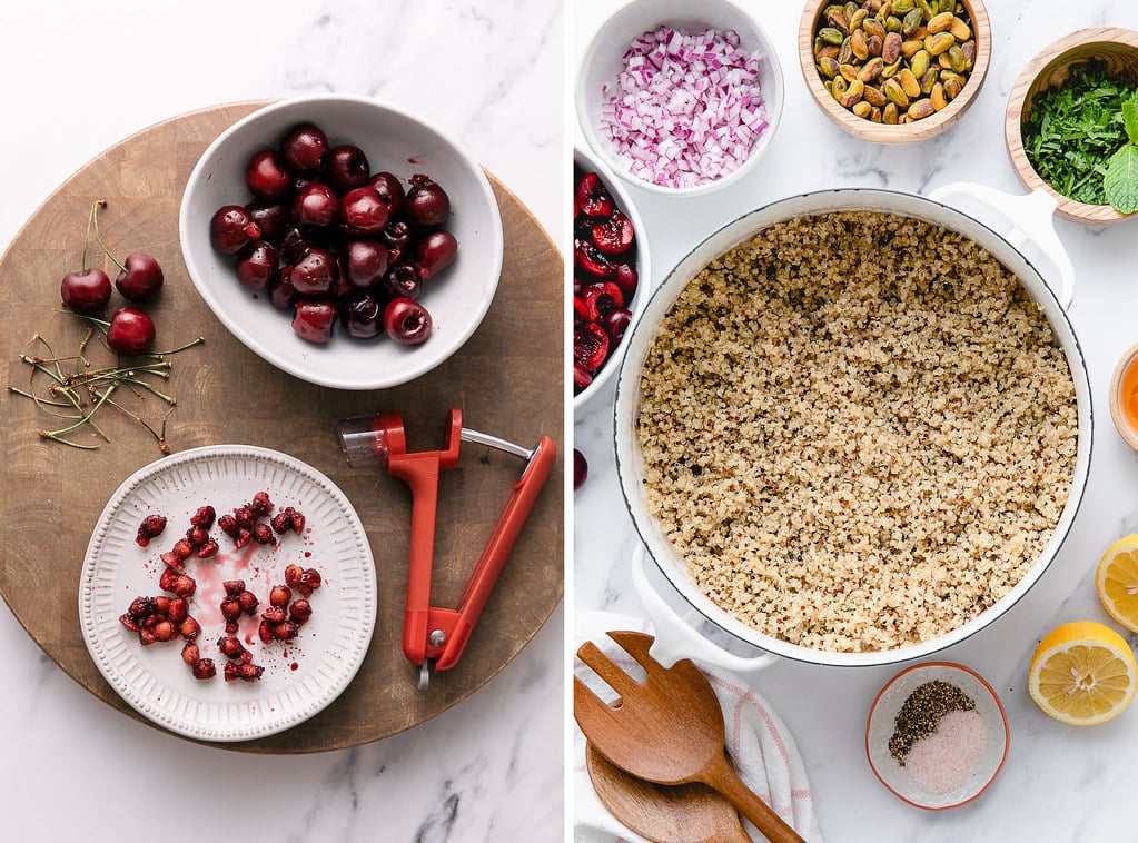 side by side photos showing the process of prepping quinoa salad with cherries, pistachios and mint.