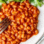 baked beans on a plate with fork