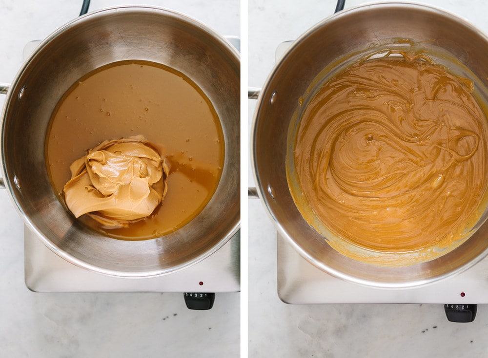 top down view of side by side photo of warmed brown rice syrup and peanut butter being added, next to peanut butter now melted in with the brown rice syrup