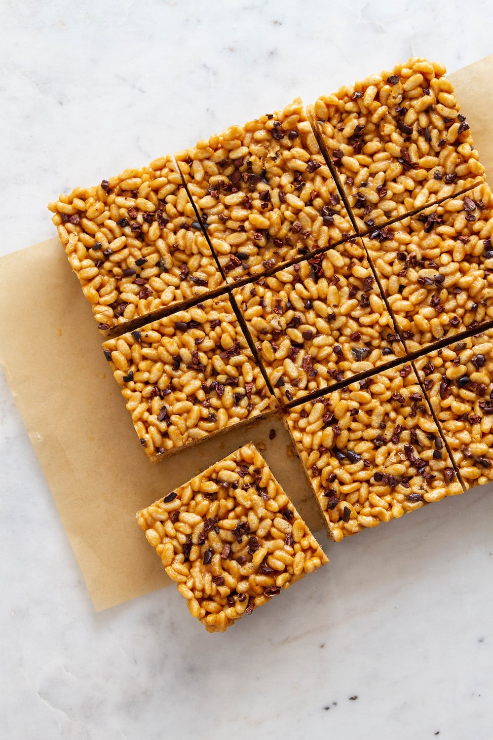 top down view of peanut butter cacao nibs rice crispy treats