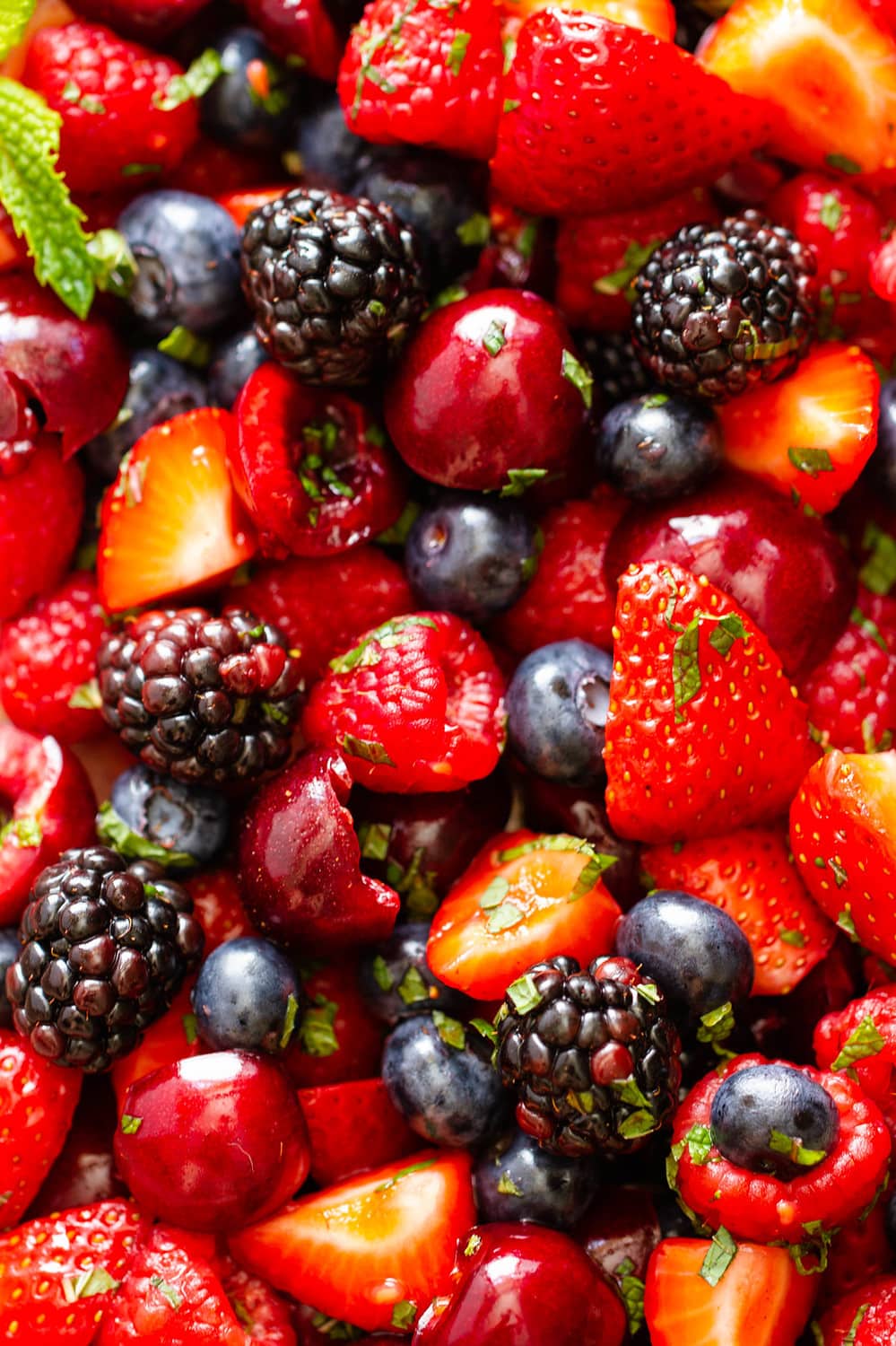 up close view of summer cherry berry fruit salad