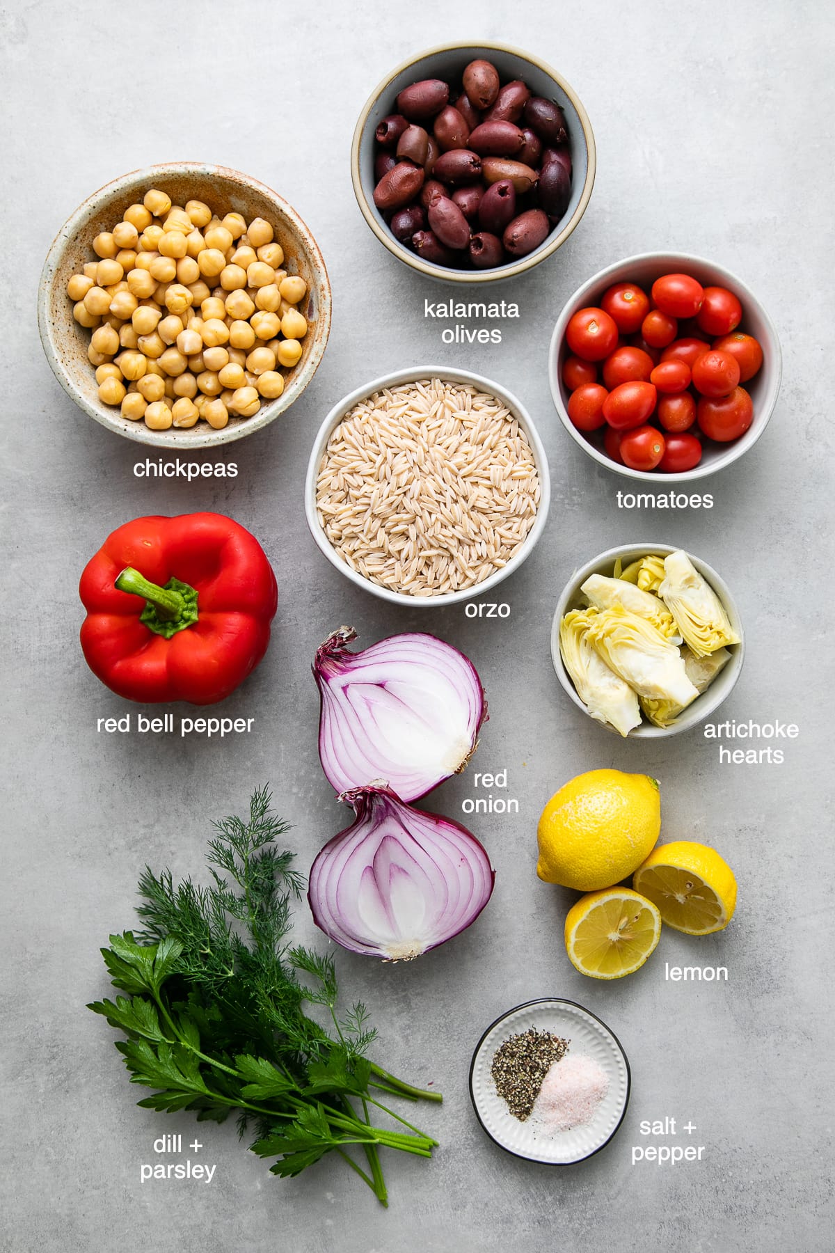 top down view of ingredients used to make healthy vegan Mediterranean orzo salad.