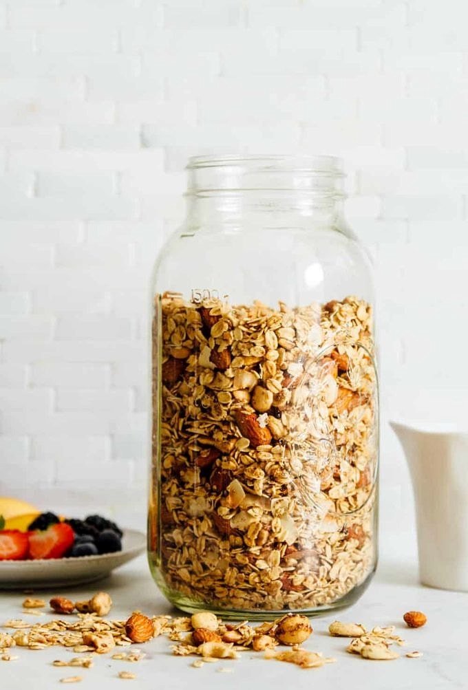 easy homemade granola in a mason jar for storing