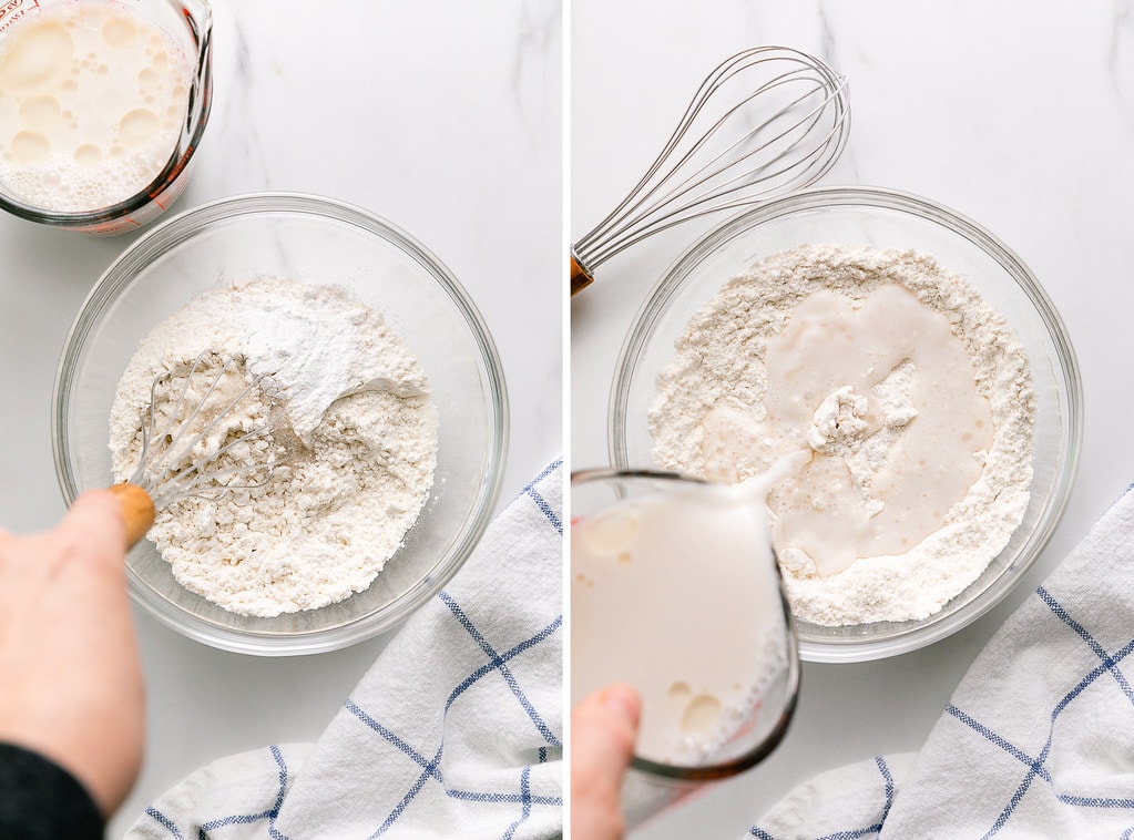 side by side photos showing the process of making vegan waffle batter.
