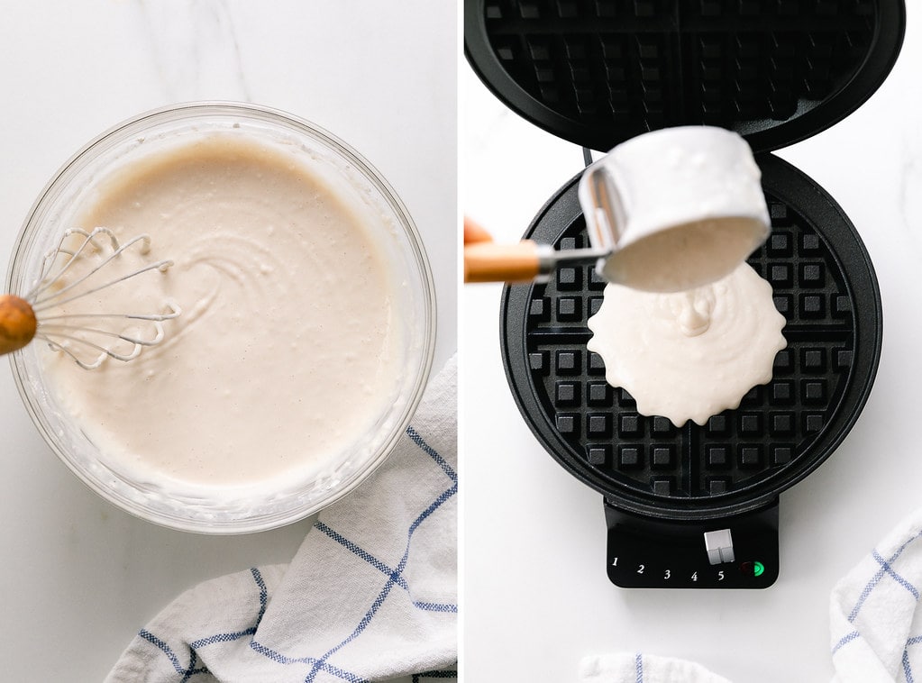 side by side photos of vegan waffle batter added to hot waffle griddle.