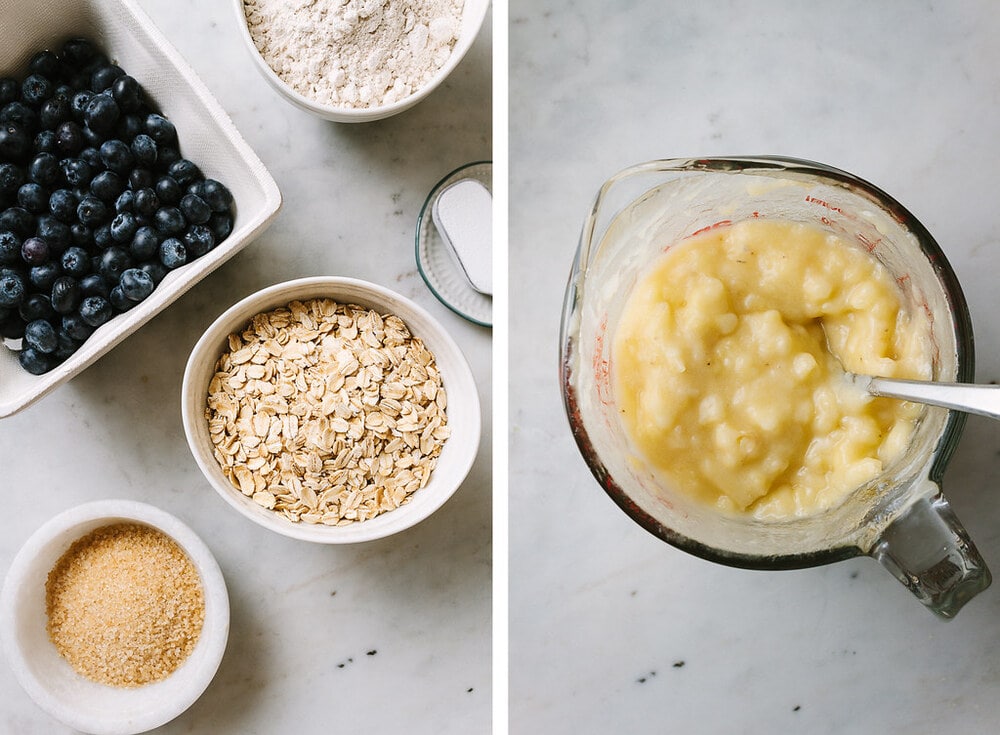 side by side photos of the ingredients prepped and ready to make blueberry banana oat bread.