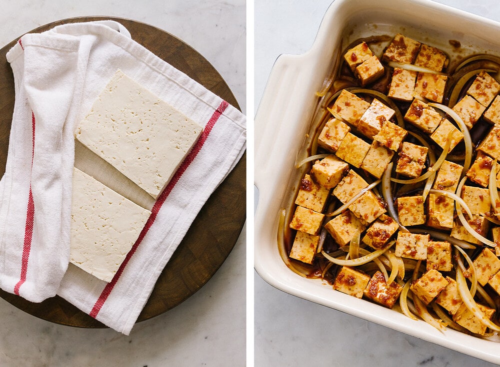 side by side photos of the process of pressing and marinating tofu for quick and easy vegan poke bowls.