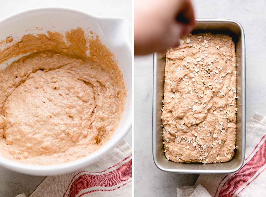 side by side photos showing the process of prepping applesauce bread for the oven.