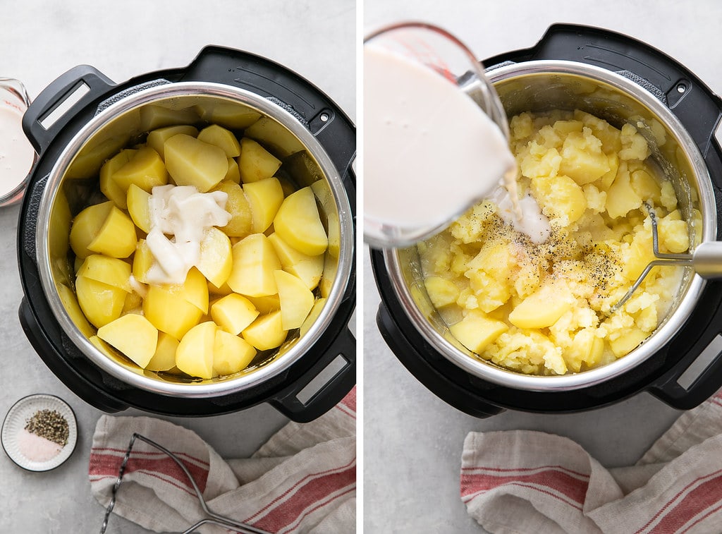 side by side photos showing the process of creaming and mashing potatoes in an Instant Pot insert.