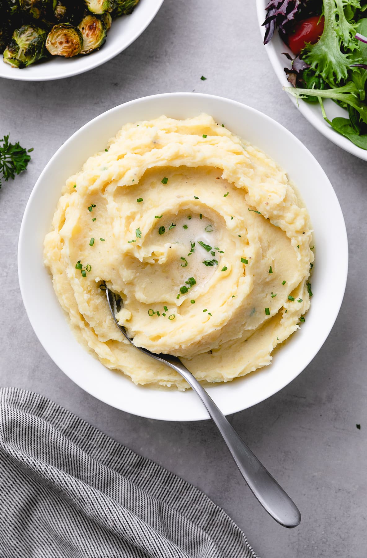 top down view of serving bowl filled with the best Instant Pot mashed potatoes.