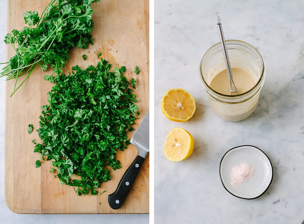 side by side picture of chopped parsley, next to lemon tahini dressing in a mason jar.