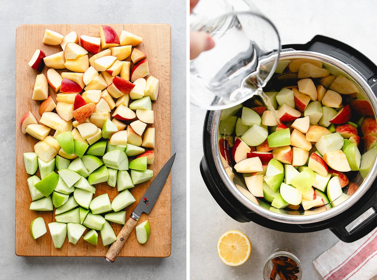 side by side process steps to making instant pot applesauce: prep apples and add to pressure cooker.