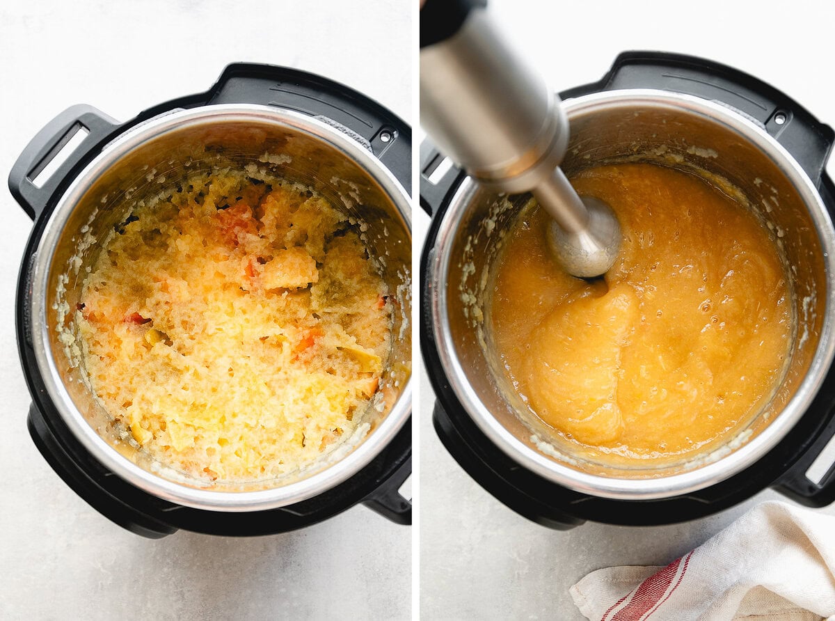 side by side process steps of making pressure cooker applesauce: done cooking and pureeing.