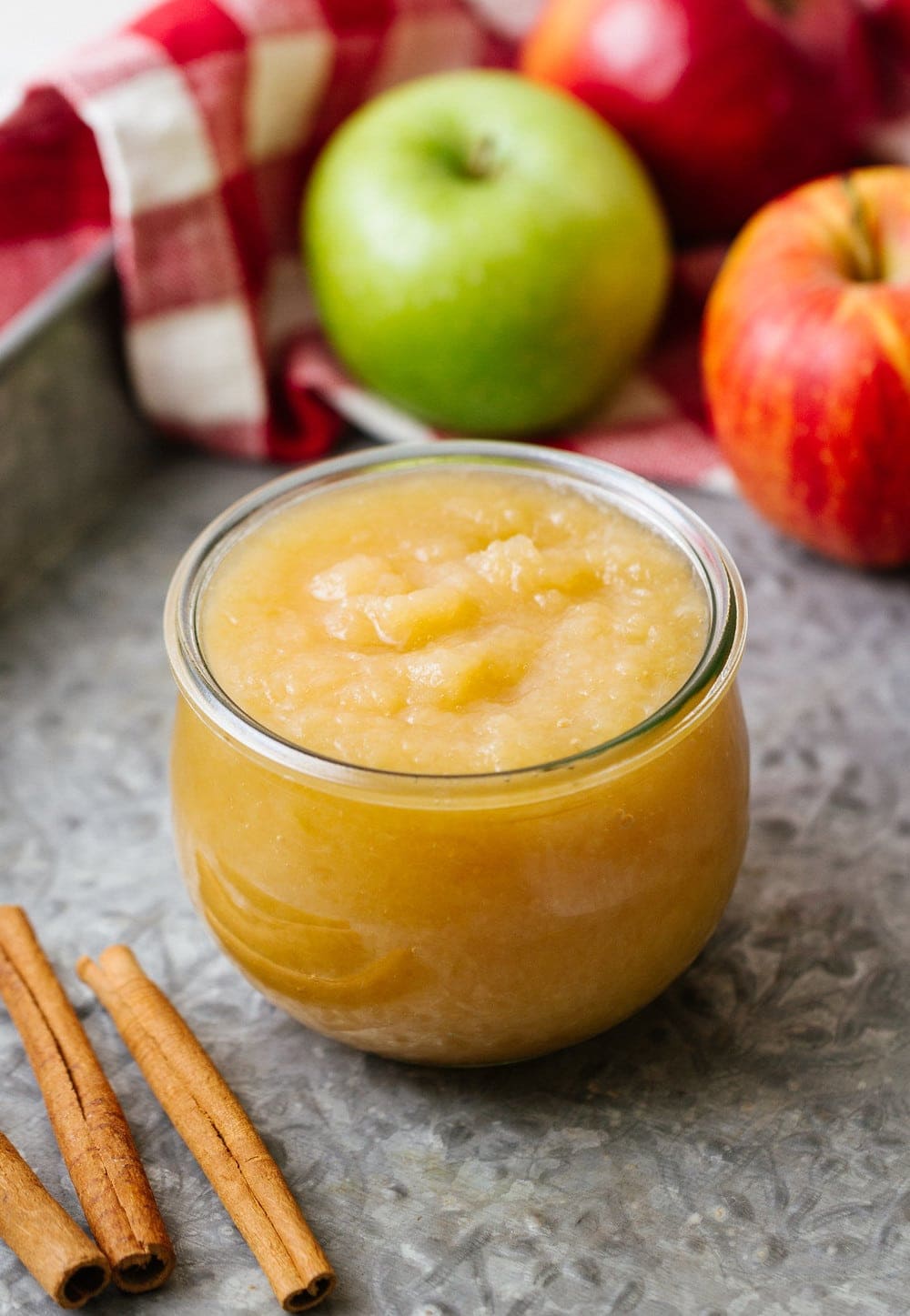 side view of instant pot applesauce in a glass jar