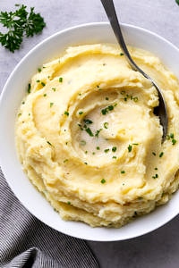 top down view of serving bowl filled with the best Instant Pot mashed potatoes.