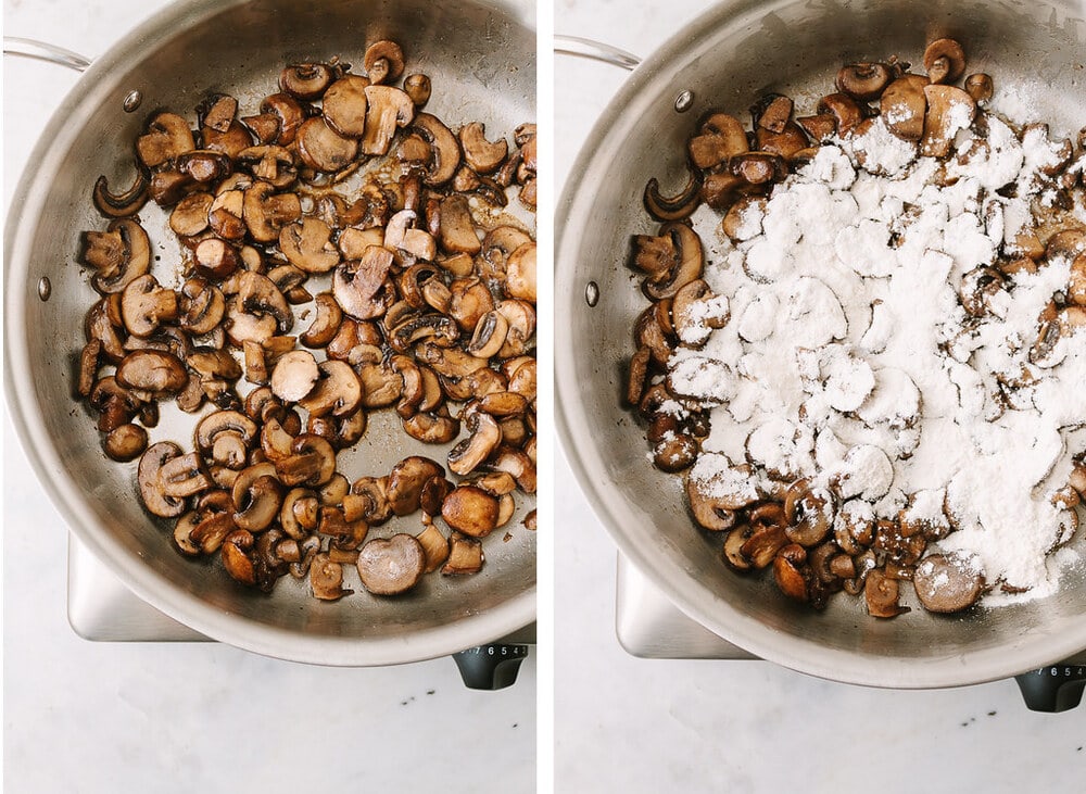 side by side photos of the process of sauteing mushrooms and adding flour to make vegan mushroom gravy.