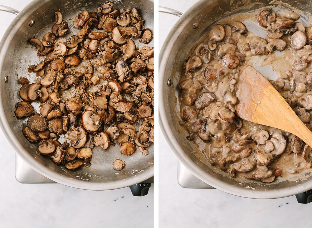 side by side photos of the process of making vegan mushroom gravy.