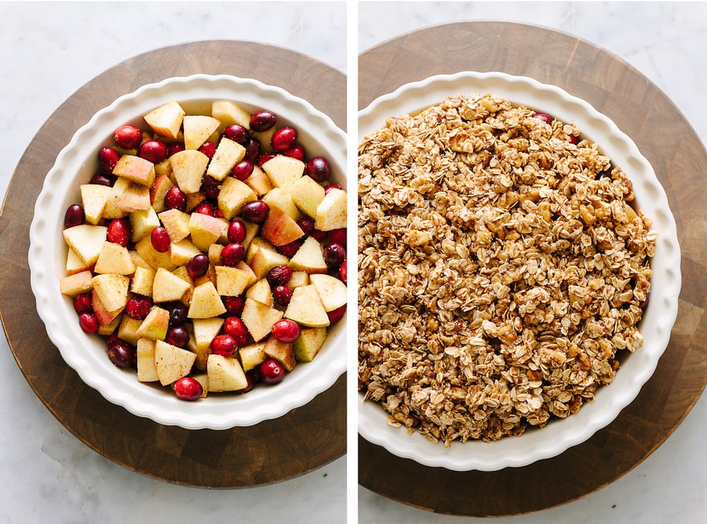 APPLE & CRANBERRY CRISP: fruit in baking dish and covered with oat topping