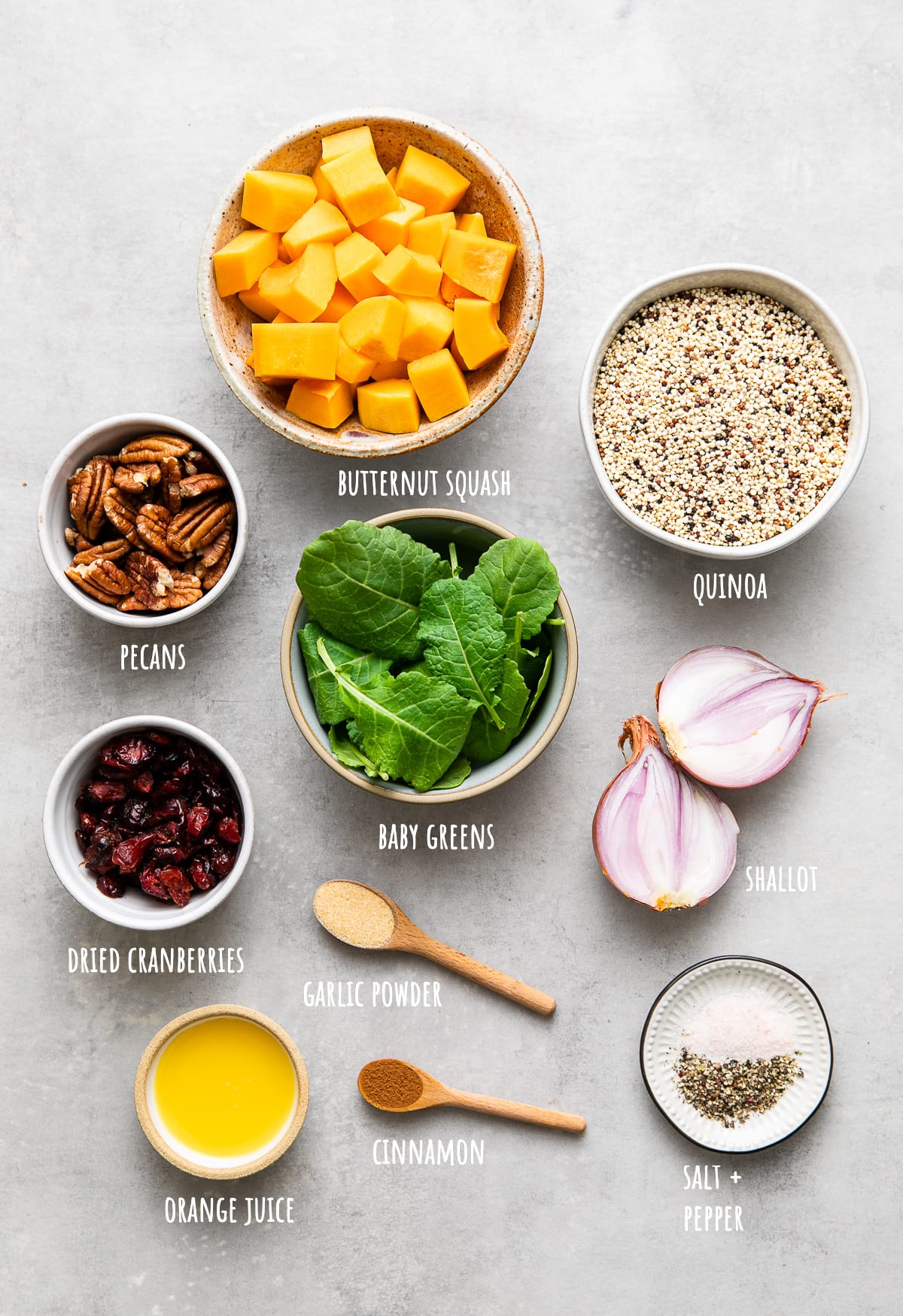 top down view of ingredients used to quinoa salad with roasted butternut squash, pecans and cranberries.
