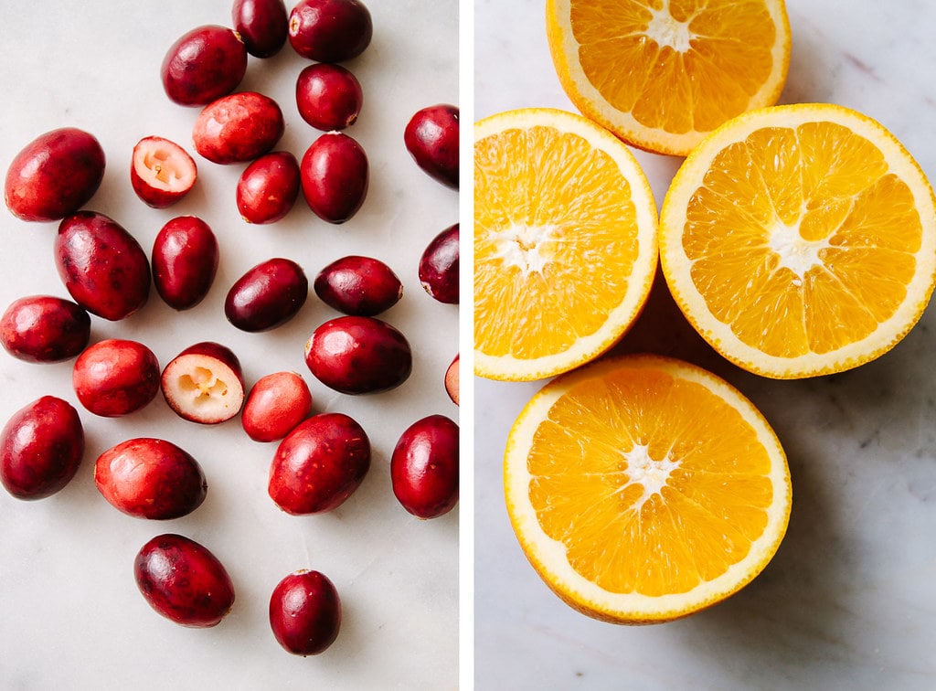 side by side photos of cranberries and orange.