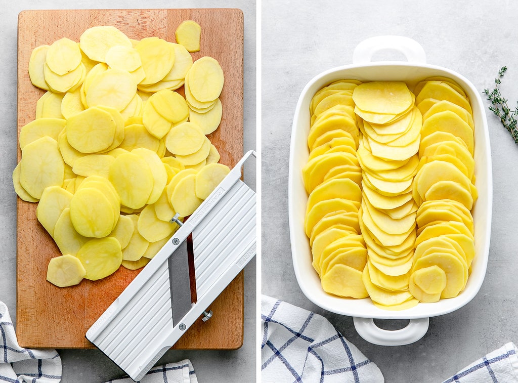 side by side photos of thinly sliced potatoes and potatoes arranged in a white baking dish.