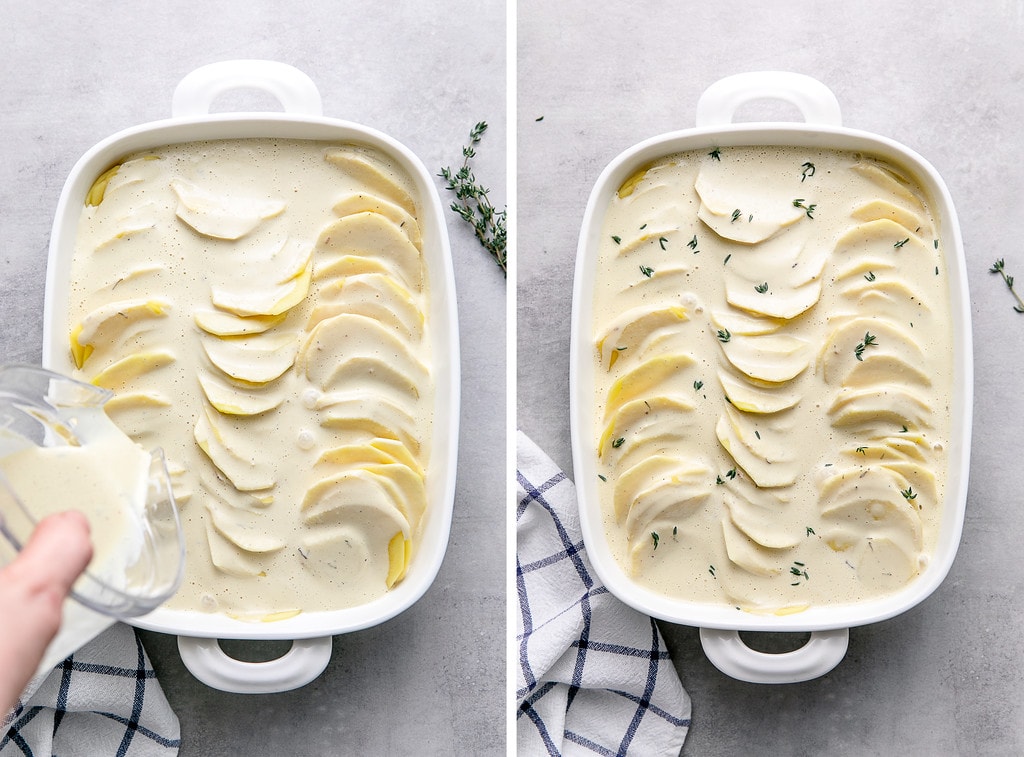 side by side photos showing the process of pouring cheese sauce over scalloped potatoes in baking dish before baking.