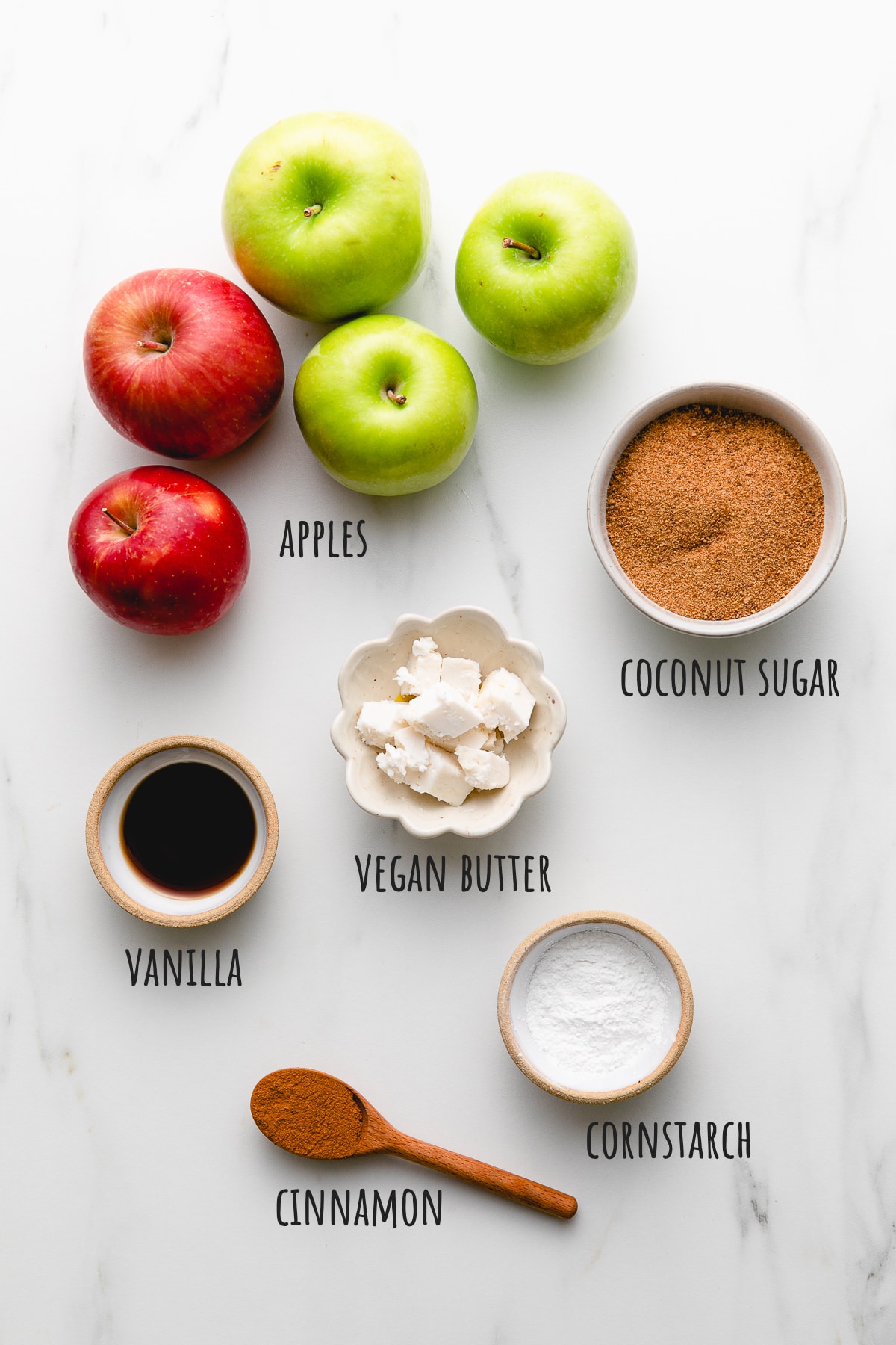 top down view of ingredients used to make cinnamon apples recipe.