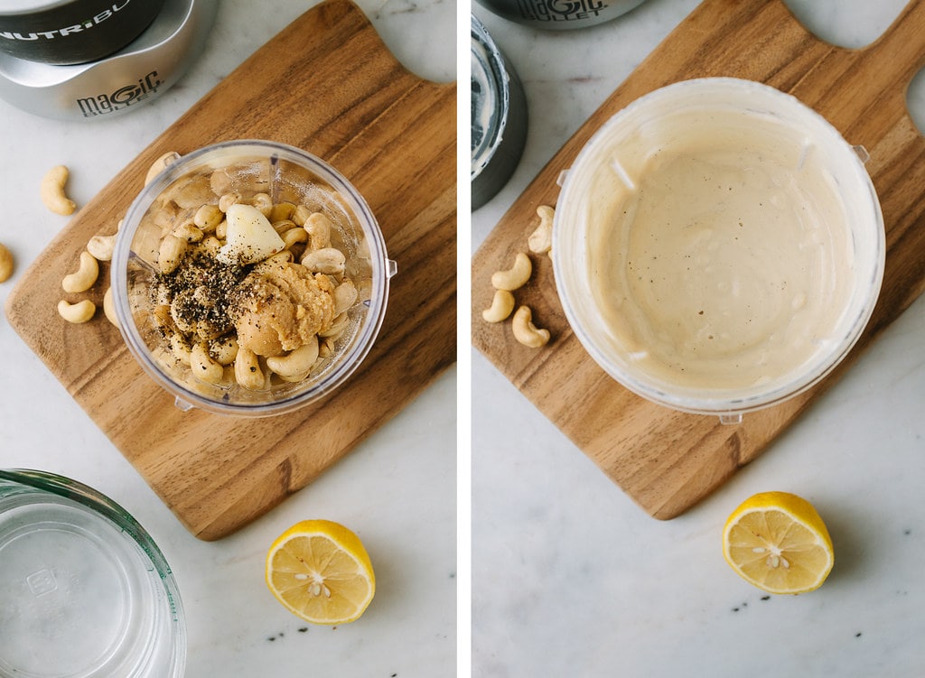 side by side photos showing the process of making cashew cheese base for mac and cheese.