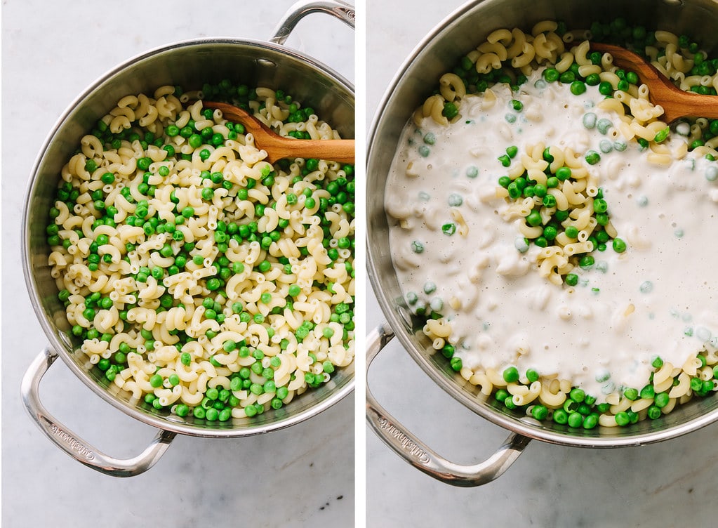 top down view showing the process of making easy vegan mac and cheese with peas.