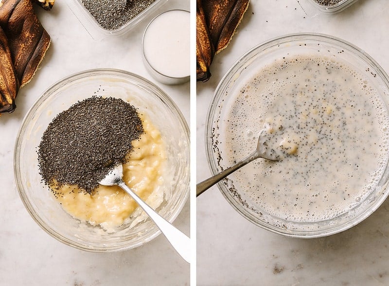 banana chia seed pudding being mixed