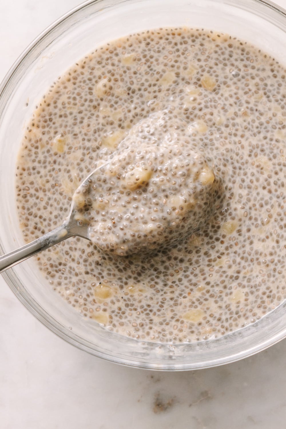 banana chia seed pudding after setting and ready to eat