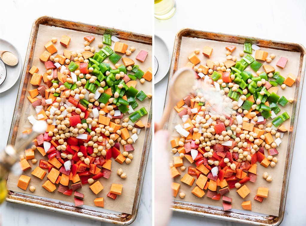 side by side photos showing the process of seasoning sweet potato breakfast hash on a baking sheet.