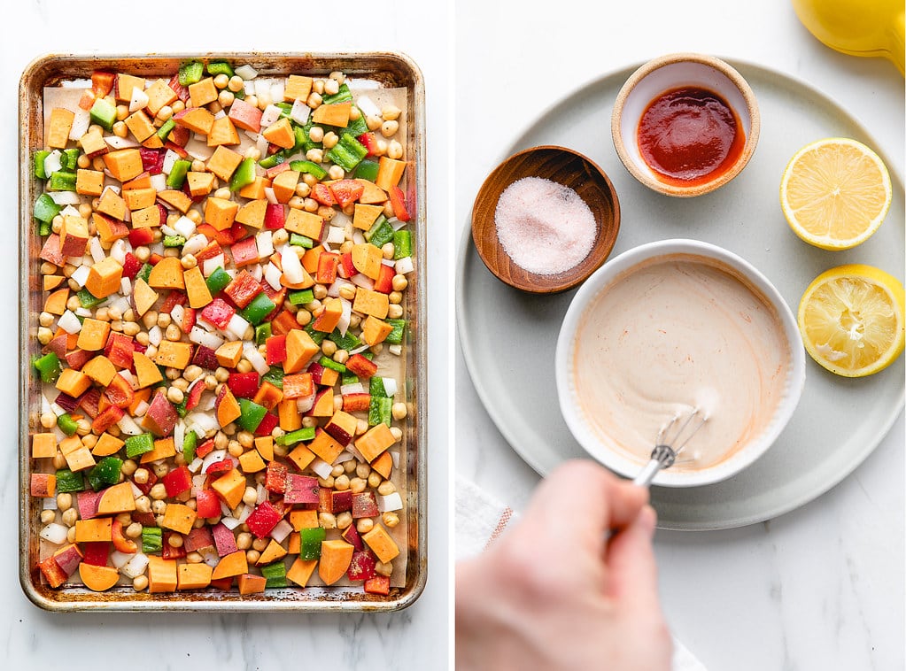 side by side photos of breakfast hash on baking sheet and making tahini sauce.