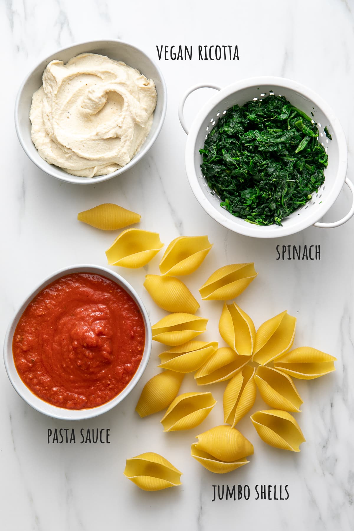 top down view of ingredients used to make ricotta and spinach vegan stuffed shells recipe.