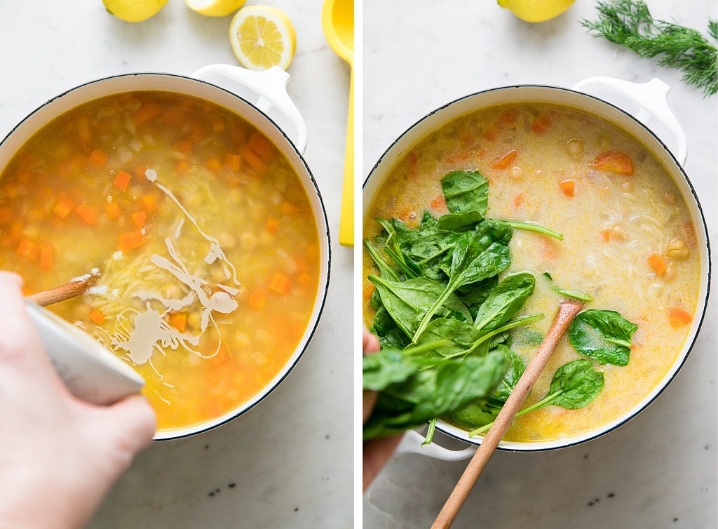 side by side photos showing the process of making lemon chickpea orzo soup.