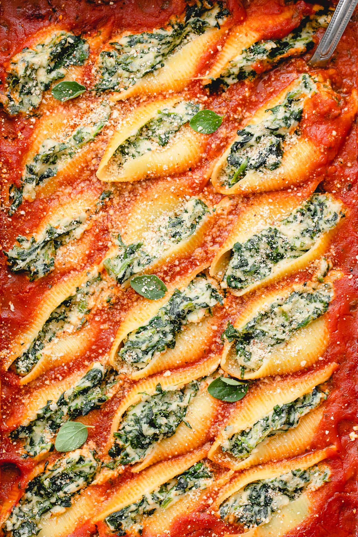 top down view of spinach and ricotta vegan stuffed shells.