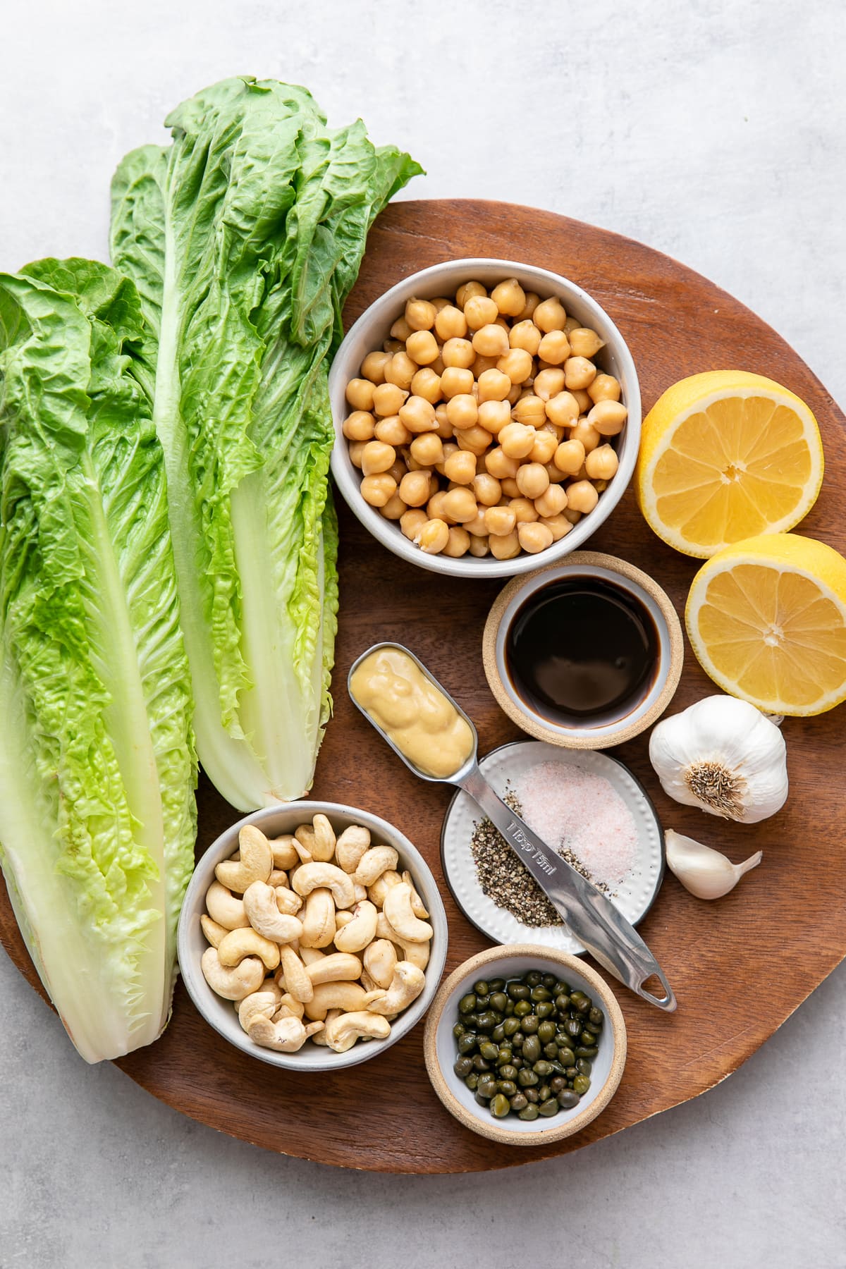 top down view of ingredients used to make vegan caesar salad recipe.